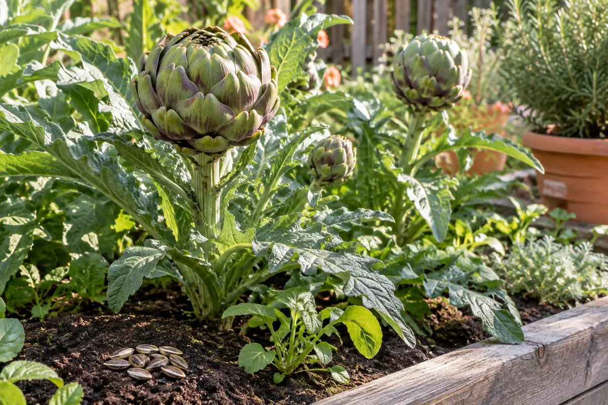 Graines et plants d’artichaut vert de Laon dans un potager ensoleillé, avec des pommes arrondies prêtes à récolter.