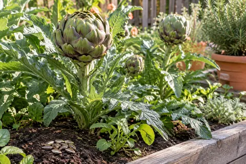 Graines et plants d’artichaut vert de Laon dans un potager ensoleillé, avec des pommes arrondies prêtes à récolter.