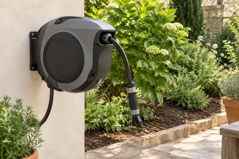 Enrouleur mural noir et gris avec tuyau rétractable installé près d’un massif de jardin