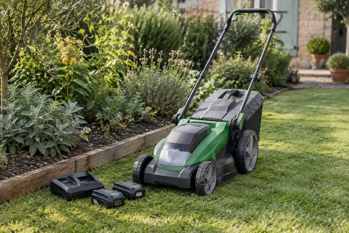Tondeuse à batterie verte et noire de 35 cm, avec deux batteries, au bord d’une pelouse fraîchement tondue.