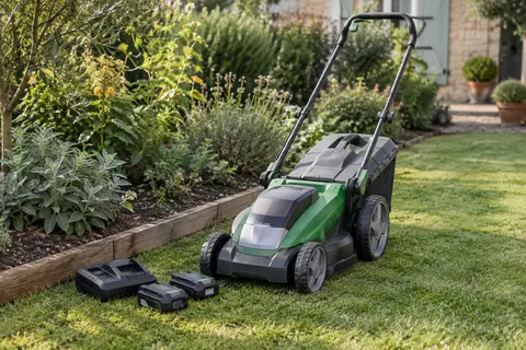 Tondeuse à batterie verte et noire de 35 cm, avec deux batteries, au bord d’une pelouse fraîchement tondue.
