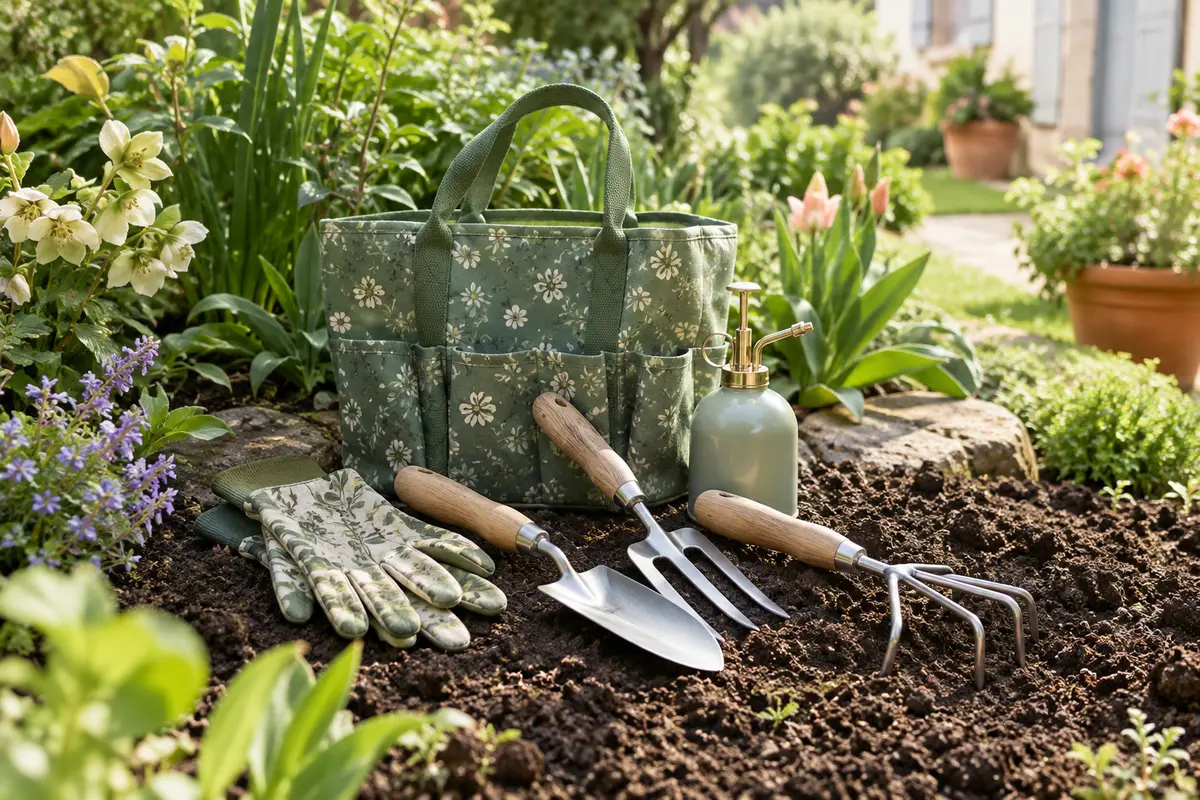 Kit d’outils de jardin en acier et à manches en bois, avec sac floral près d’un massif planté.