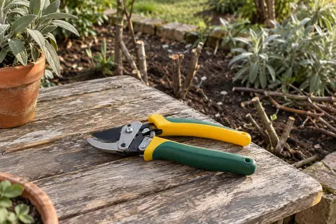 Ébrancheur compact jaune et vert à enclume posé sur une table en bois dans un jardin
