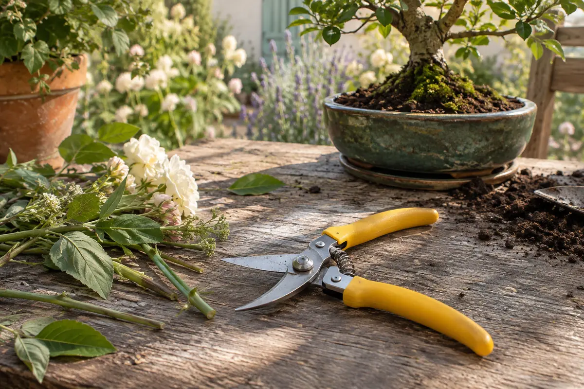 Sécateur de précision à poignées jaunes posé près de fleurs taillées et d’un bonsaï sur un établi de jardin.