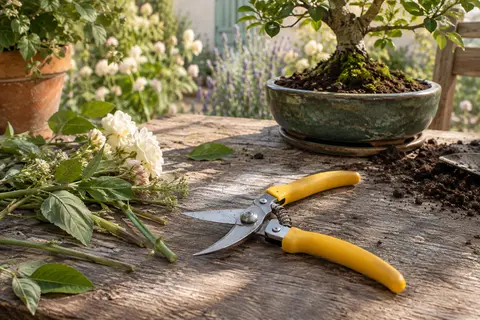 Sécateur de précision à poignées jaunes posé près de fleurs taillées et d’un bonsaï sur un établi de jardin.