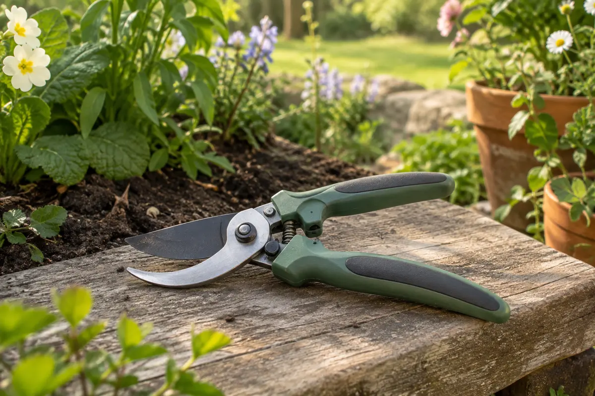 Sécateur de jardin vert à lame franche posé sur une planche patinée dans un jardin printanier.