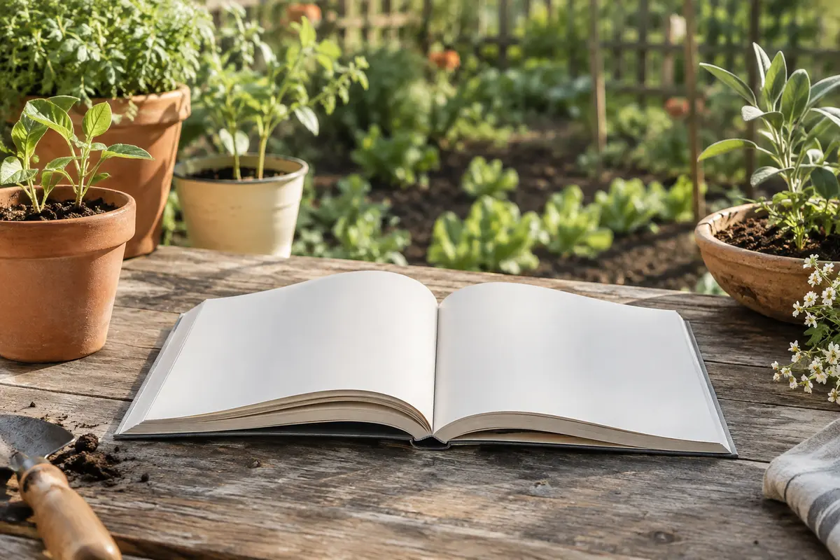 Livre broché carré posé près de jeunes pousses en pots dans un jardin potager printanier