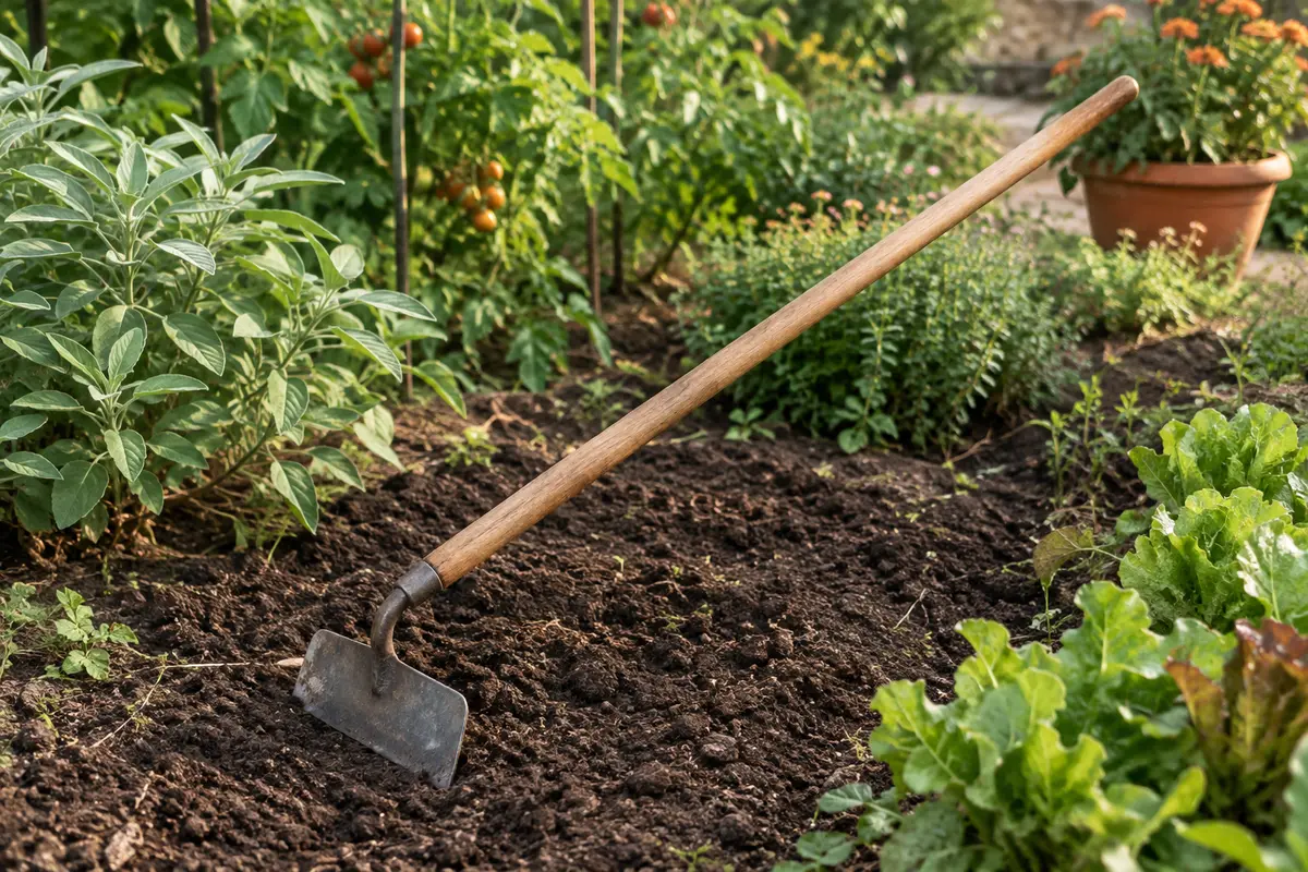 Houe de jardin à manche en bois et tête en acier forgé posée sur la terre d’un potager.