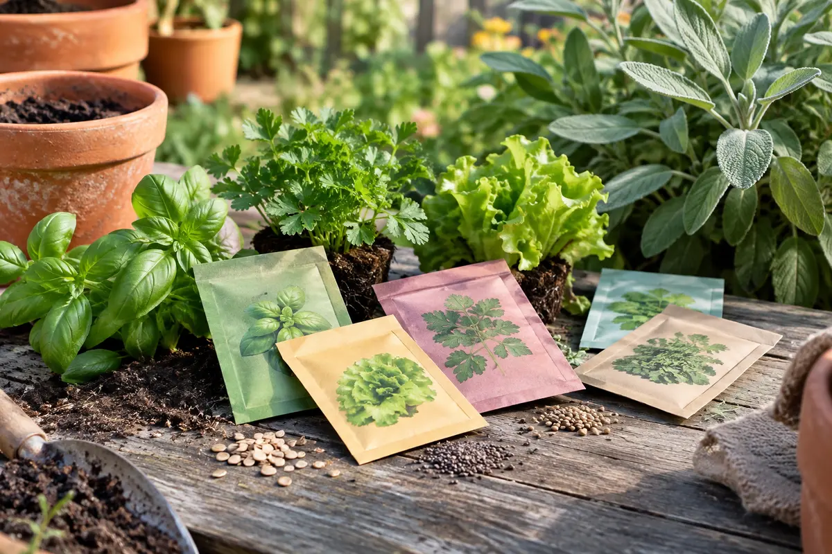 Sachets colorés de graines avec jeunes pousses aromatiques sur une table de jardin en bois