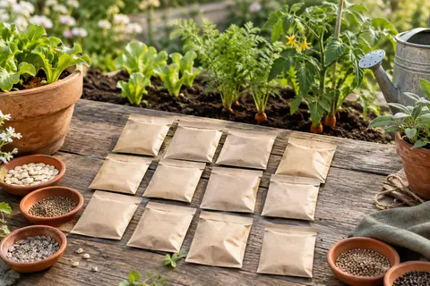 Assortiment de sachets de graines potagères posé sur une table en bois dans un jardin printanier
