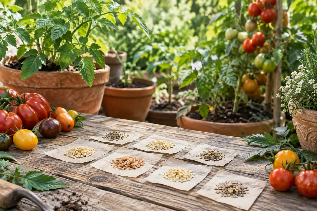 Assortiment de graines de tomates posé près de jeunes plants en pots dans un jardin printanier