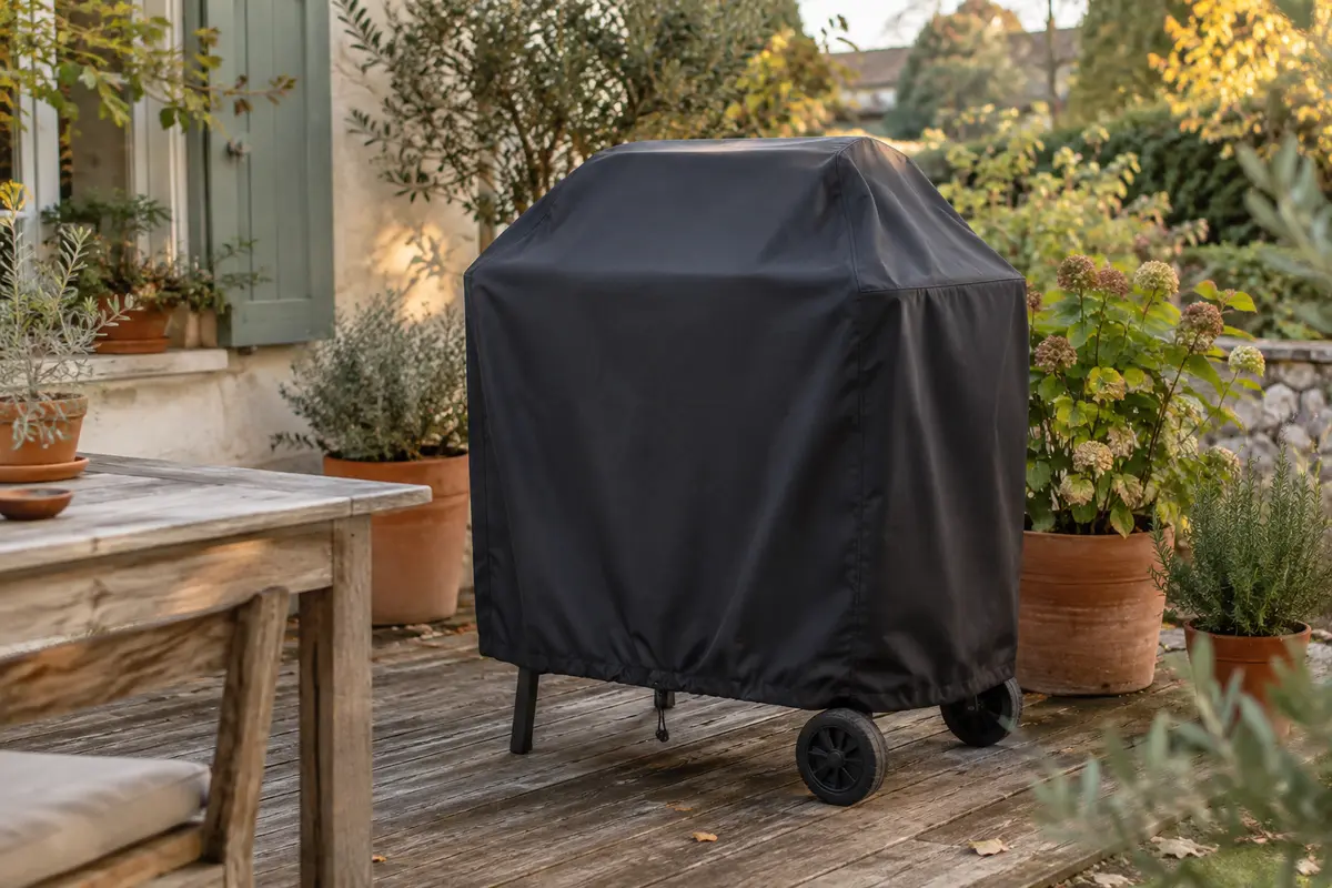 Housse noire en nylon couvrant un barbecue dans un jardin aux couleurs automnales