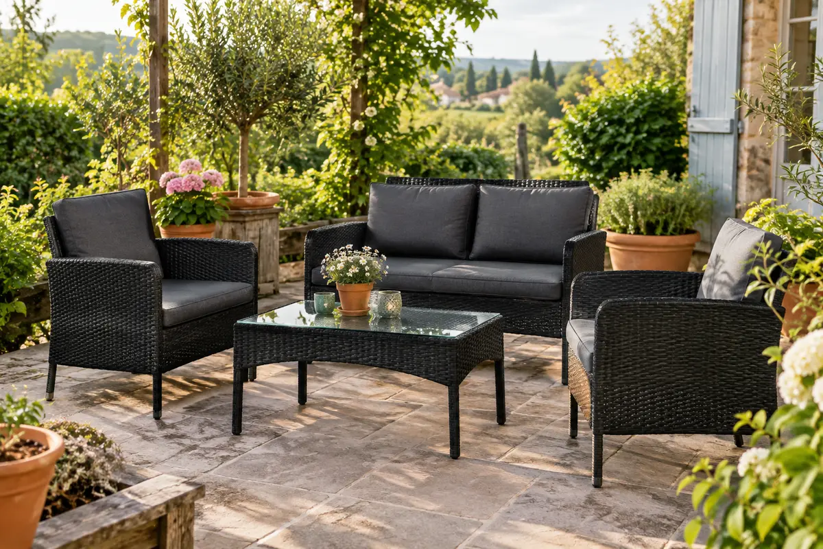 Salon de jardin en polyrotin noir avec canapé deux places, deux fauteuils et table à plateau en verre