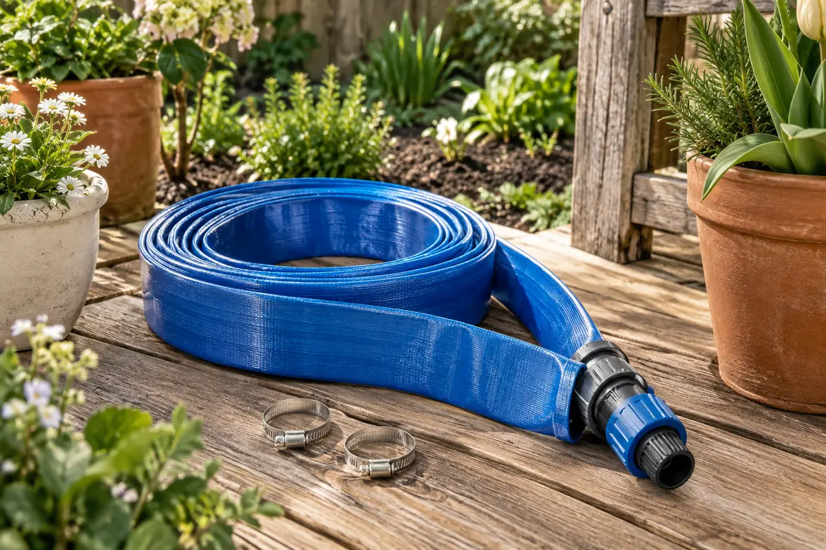 Tuyau de refoulement plat bleu en PVC tressé avec raccord rapide et colliers, posé dans un jardin