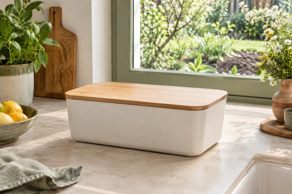 Bac à compost de cuisine blanc cassé avec couvercle en bambou posé sur un plan de travail lumineux.