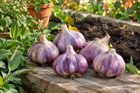 Cinq bulbes d’ail rouge Chesnok à peau violette posés près d’une plate-bande de potager