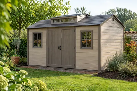 Abri de jardin taupe et beige à effet bois, avec portes doubles, fenêtres fixes et lucarne