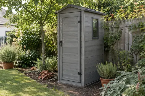 Abri de jardin gris à effet bois avec porte à charnières, fenêtre fixe et plancher intégré