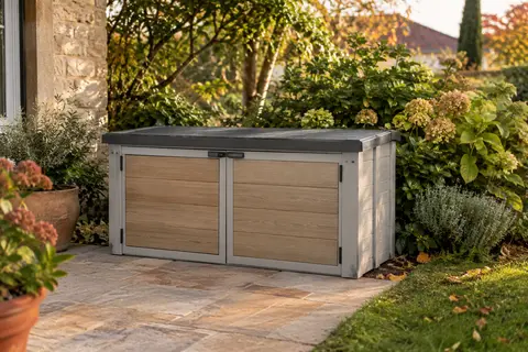 Abri de rangement extérieur en résine gris clair avec couvercle foncé, installé dans un jardin