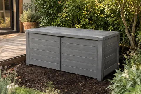 Coffre de jardin Keter gris à l’aspect lattes de bois, installé près d’une terrasse dans un jardin.