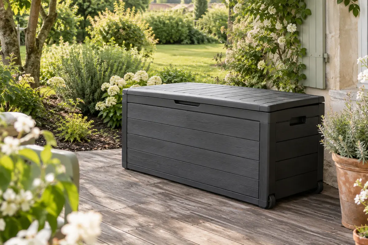 Coffre de jardin gris graphite à finition effet bois, installé près d’une terrasse dans un jardin verdoyant.