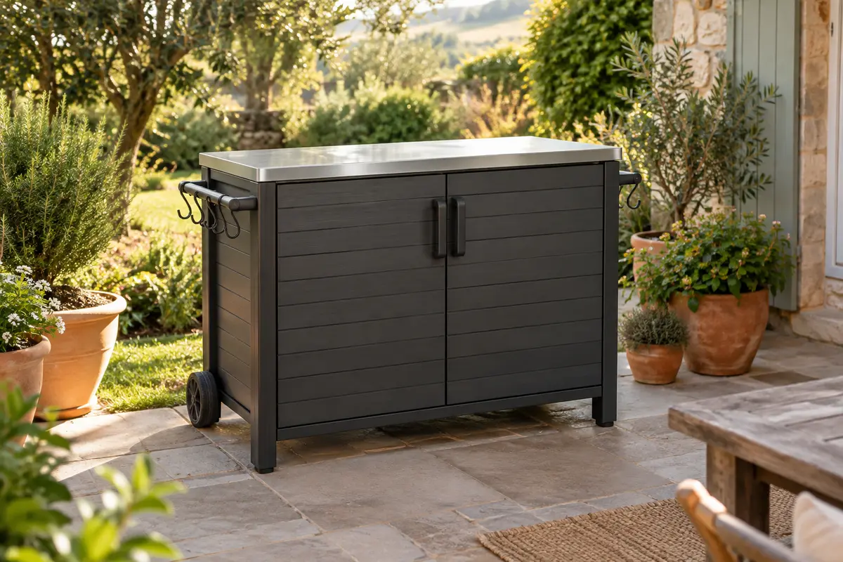 Desserte barbecue graphite avec plateau inox, portes de rangement et barres latérales dans un jardin verdoyant.