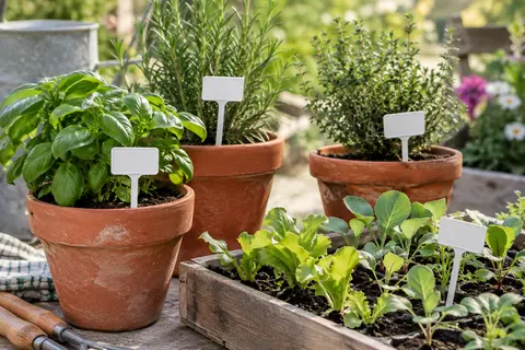 Étiquettes blanches en forme de T plantées dans des pots de semis et d’aromatiques au jardin