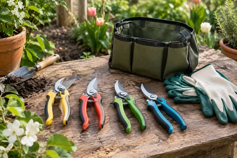Quatre sécateurs de jardin KOTTO, dont un modèle jaune, avec sac de rangement et gants