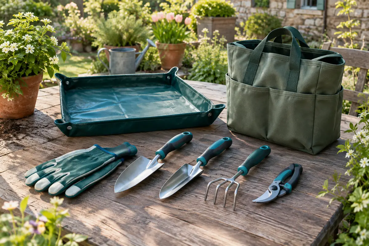 Kit de jardinage Kynup avec outils à main, gants, tapis de rempotage et sac posé sur une table.