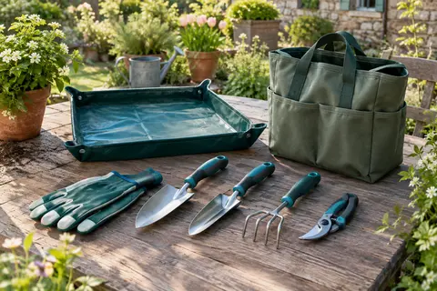 Kit de jardinage Kynup avec outils à main, gants, tapis de rempotage et sac posé sur une table.