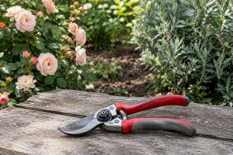 Sécateur de jardin Kynup rouge et gris posé sur du bois, avec des rosiers en arrière-plan