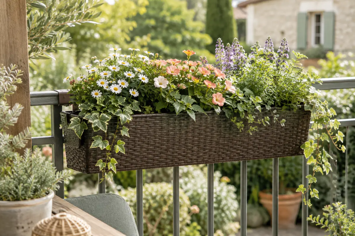 Jardinière rectangulaire brun moka effet rotin garnie de fleurs sur une rambarde de balcon