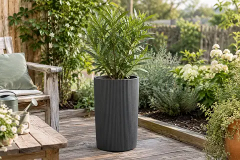 Pot cylindrique Lechuza gris ardoise à stries verticales, installé sur une terrasse avec une plante dressée.