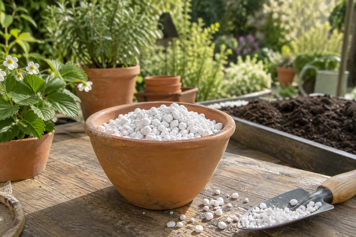 Perlite volcanique blanche dans un pot en terre cuite, près de terreau et de plantes au jardin.