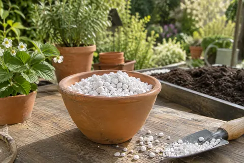 Perlite volcanique blanche dans un pot en terre cuite, près de terreau et de plantes au jardin.