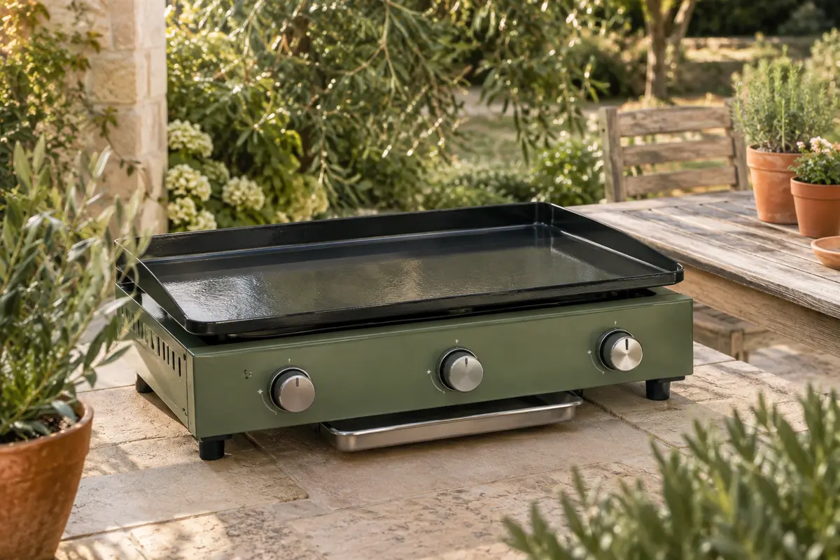Plancha gaz verte à trois brûleurs avec plaque émaillée et récupérateur de graisse dans un jardin.