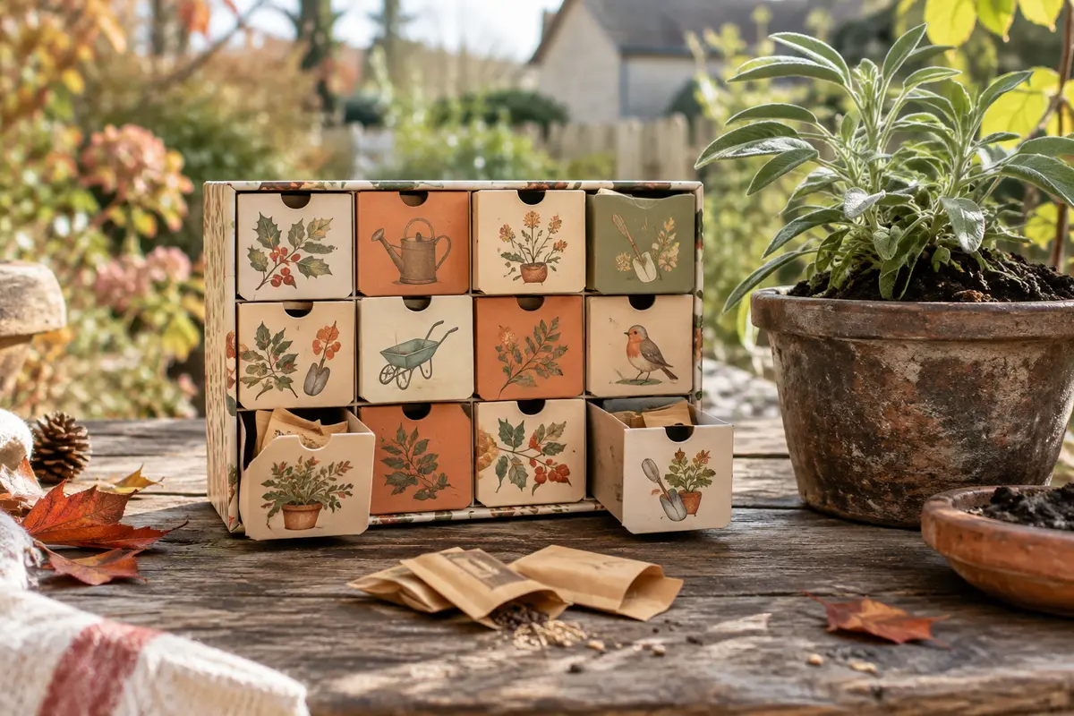 Calendrier de l’Avent en papier avec sachets de graines posé sur une table en bois près de jeunes plants.