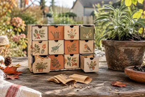 Calendrier de l’Avent en papier avec sachets de graines posé sur une table en bois près de jeunes plants.