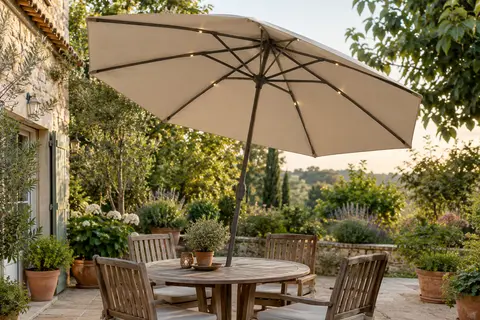 Parasol de terrasse inclinable avec toile ronde et éclairage LED solaire au-dessus d’une table de jardin