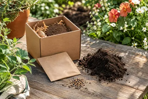 Petit kit de fleurs à semer avec boîte en carton, sachet kraft, graines et tourbe sur une table en bois