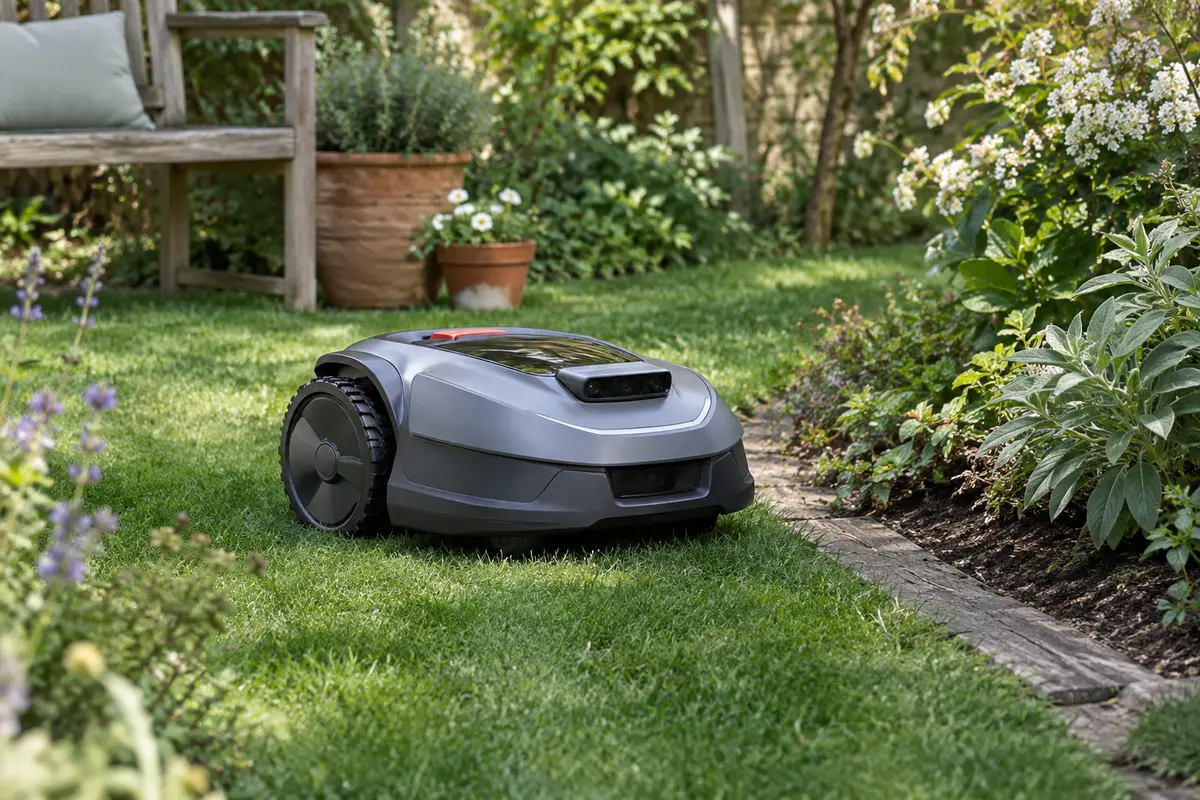 Robot tondeuse gris Navimow i105E posé sur une pelouse dans un jardin français verdoyant