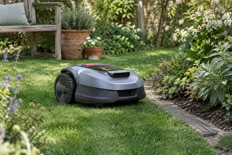 Robot tondeuse gris Navimow i105E posé sur une pelouse dans un jardin français verdoyant
