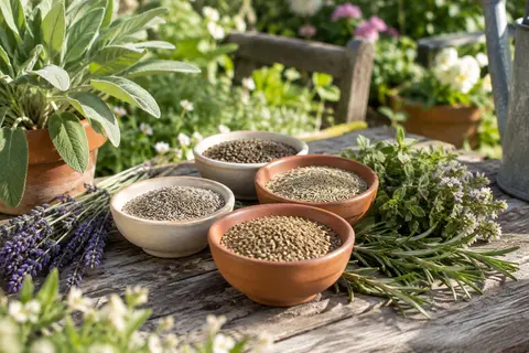 Graines aromatiques présentées près de brins de lavande, d’origan et de romarin dans un jardin