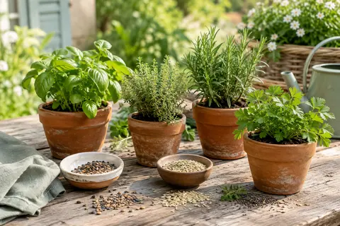 Graines aromatiques et jeunes plants en pots disposés sur une table en bois dans un jardin.