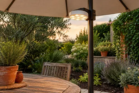 Lampe ronde OYOCO à lumière blanc chaud fixée au mât d’un parasol dans un jardin