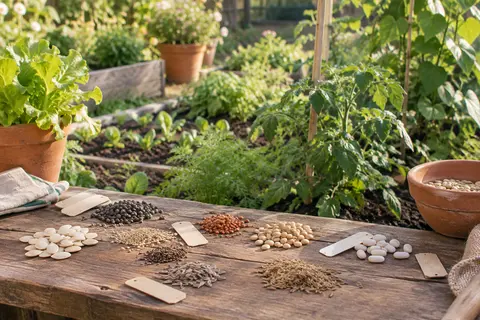 Assortiment de graines potagères variées présenté sur une planche en bois dans un jardin ensoleillé