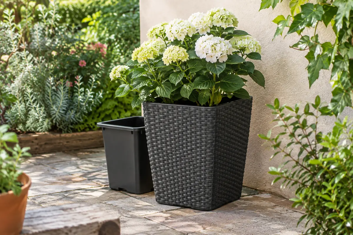 Pot Prosperplast Rato anthracite à texture rotin, avec insert, présenté sur une terrasse végétalisée.