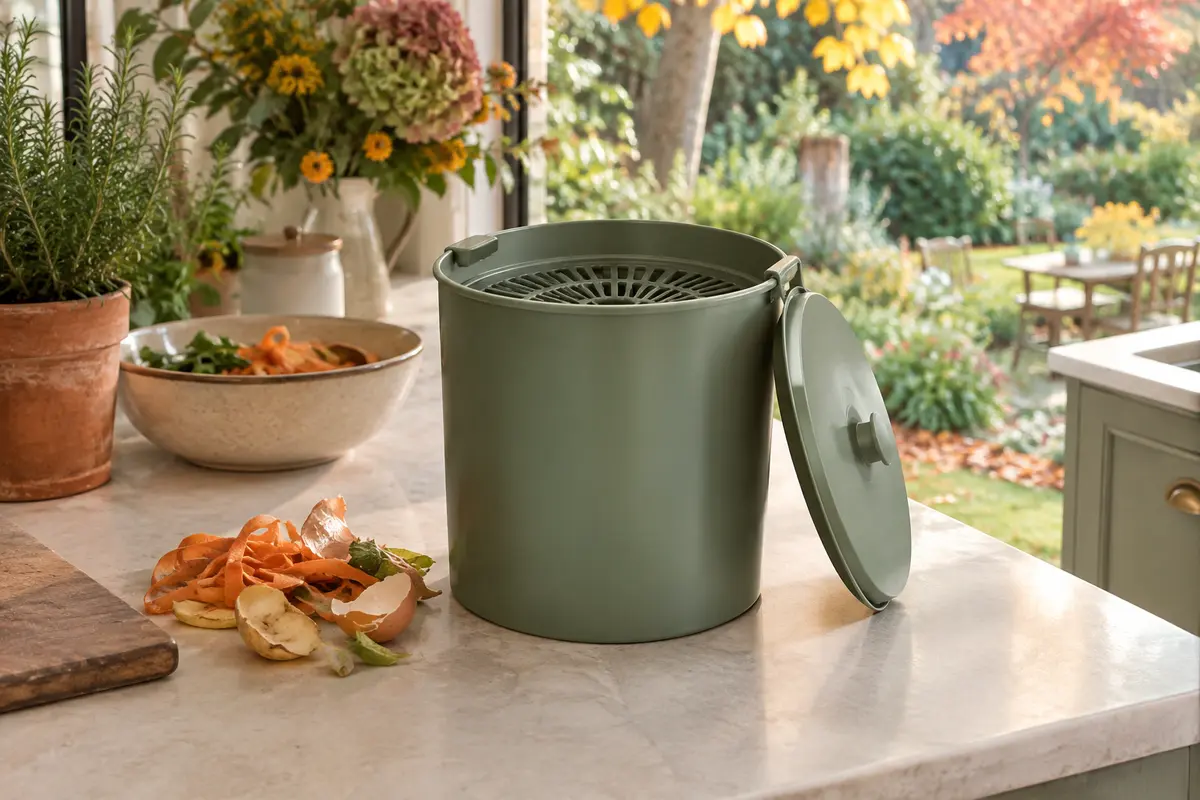 Bac à compost de cuisine cylindrique vert sauge avec couvercle à accrocher et grille amovible