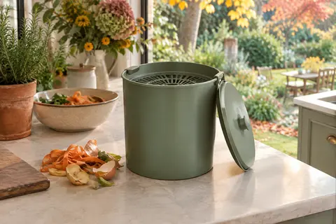 Bac à compost de cuisine cylindrique vert sauge avec couvercle à accrocher et grille amovible