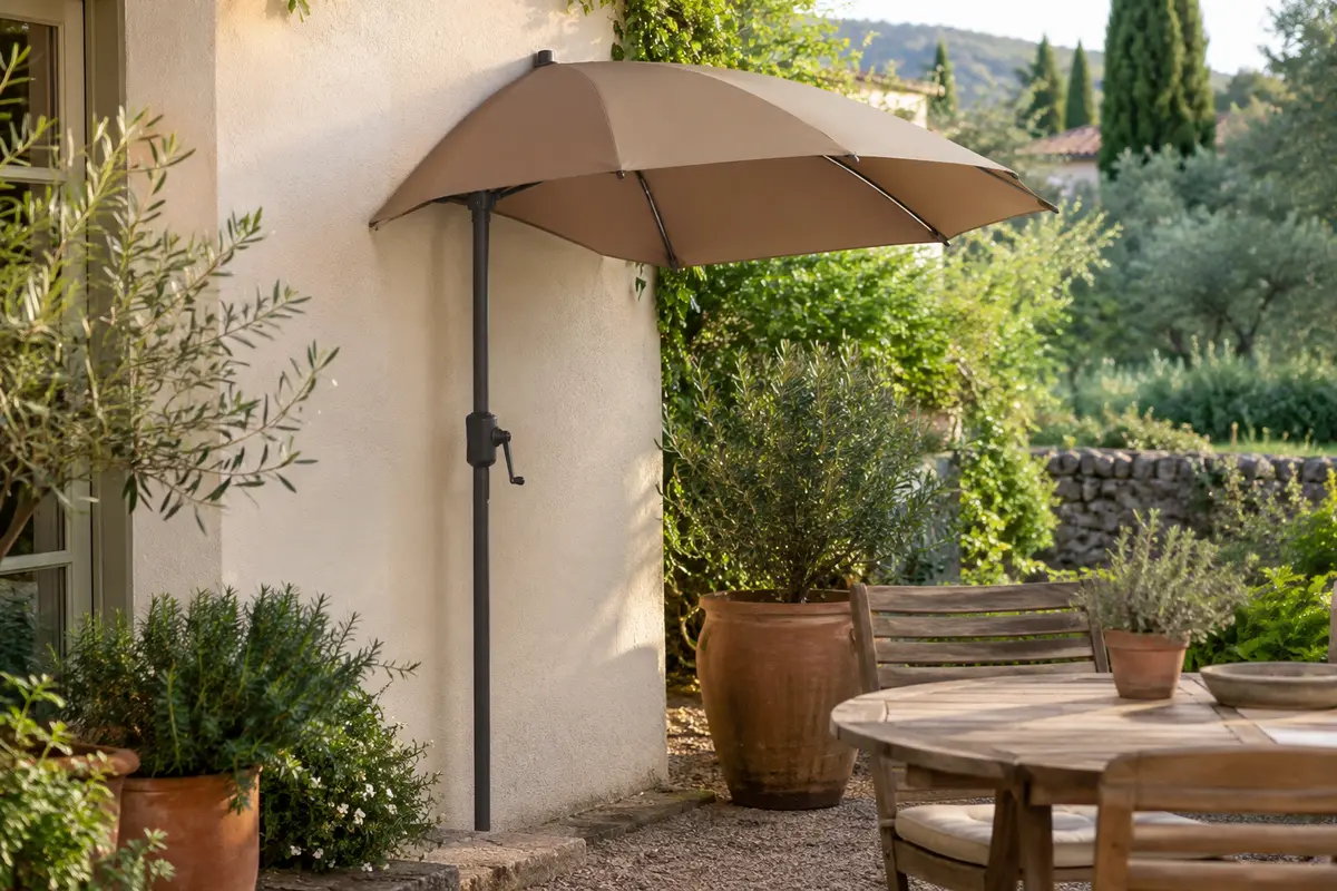 Demi-parasol brun clair à manivelle installé contre un mur sur une terrasse verdoyante